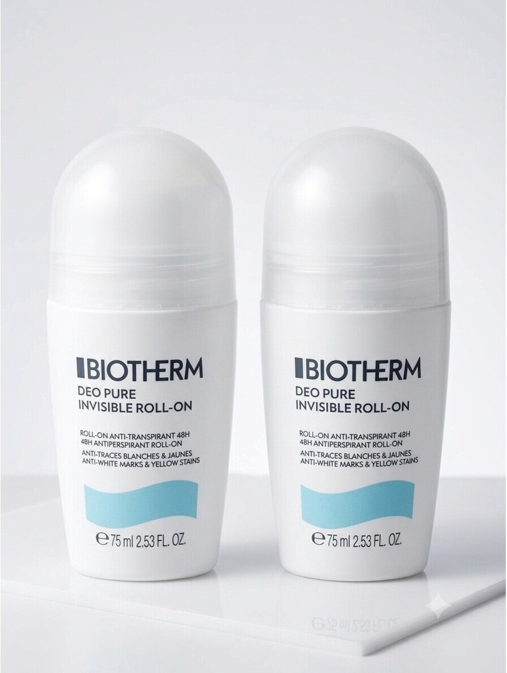 2 X Biotherm Deo Pure INVISIBLE 48 Hours Antiperspirant Roll-On 75ml Deodorant